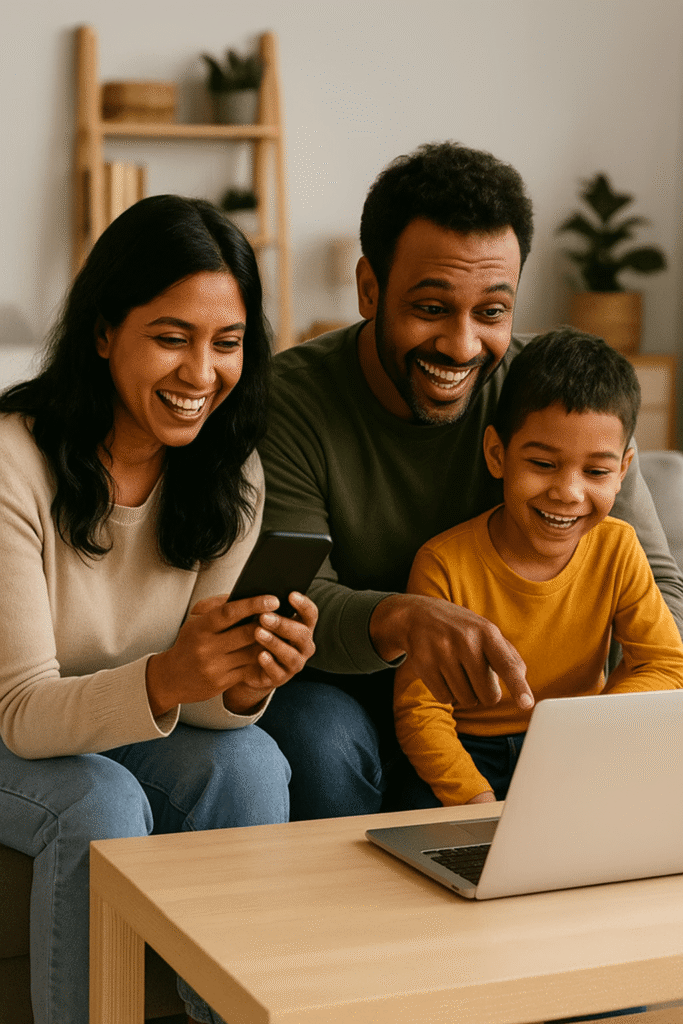 Familie bucht PF Gold am Laptop und sichert ihren Flug ab.